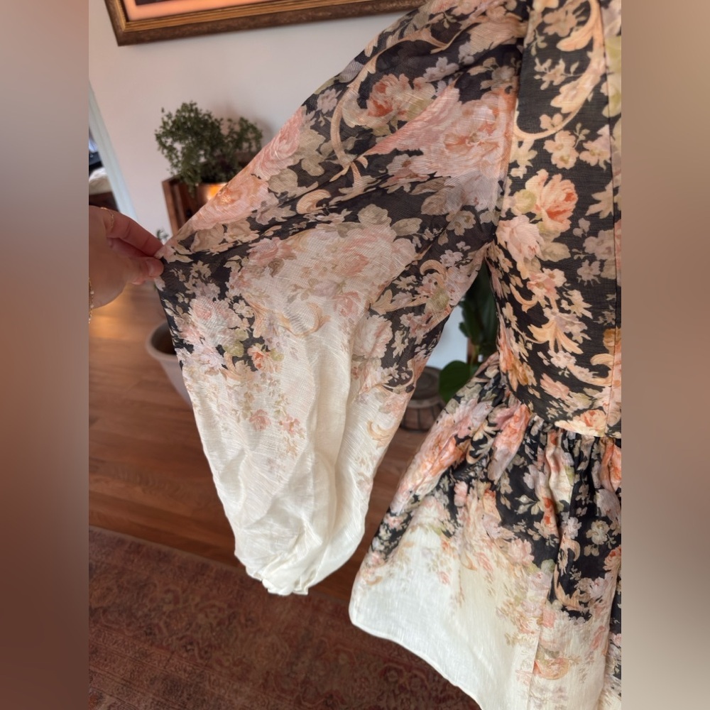 Zimmermann Floral Puff-Sleeve Mini Dress in Cream, Black and Pink - Picture 10 of 12